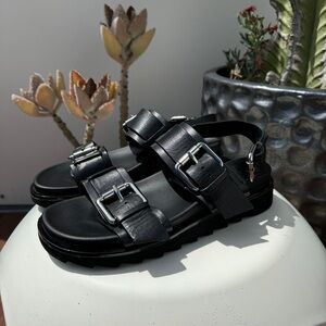 Black Leather Chunky Two Strap Sandals - Size 9